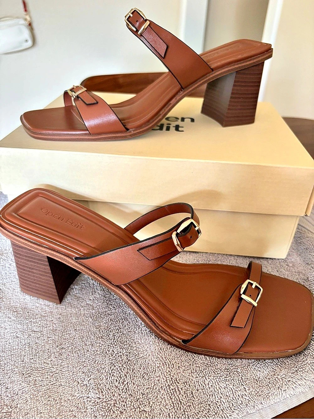 Open Edit Buckle Block Heel Sandals in Brown Like New